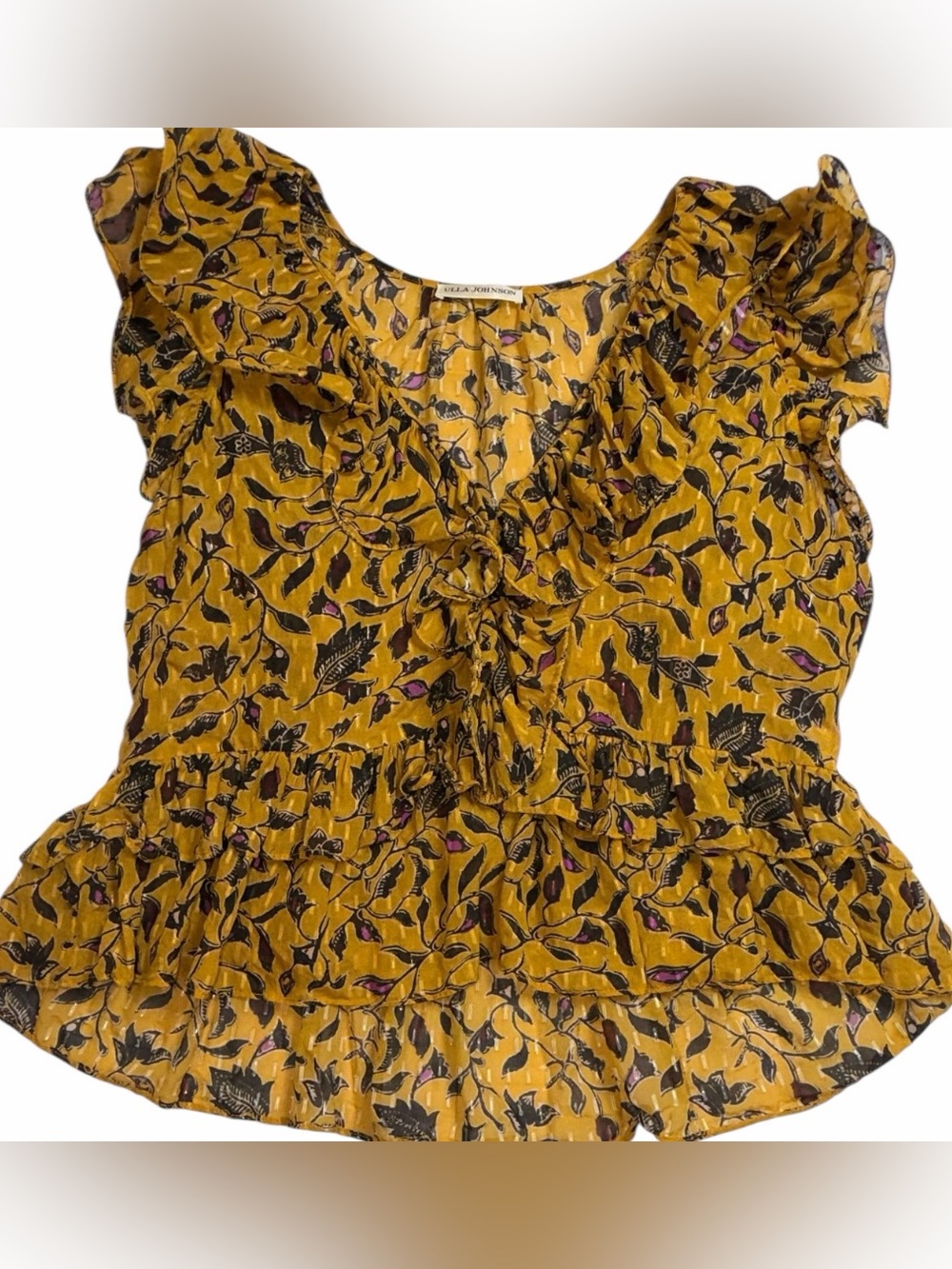 Ulla Johnson Mustard Floral Ruffle Sleeveless Silk Blend Blouse Size 8 - Picture 4 of 10
